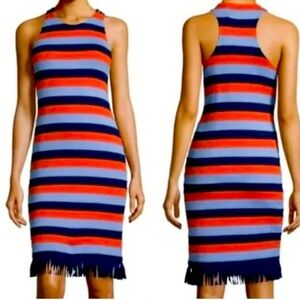 Tory Burch Striped knit tank Dress orange blue navy fringe gold buttons like new